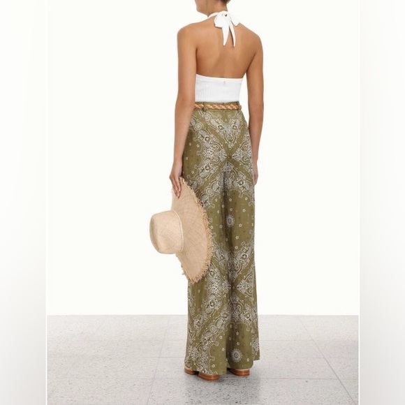 Zimmermann Linen Wide Leg Pants Olive Bandana - Picture 2 of 10
